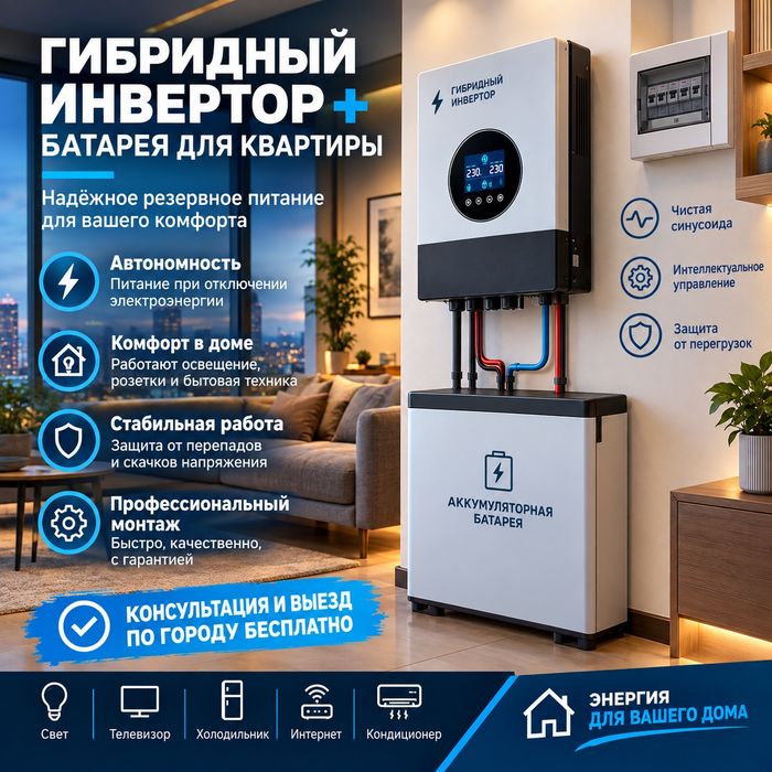 Продажа и установка (монтаж и подключение) гибридного инвертора и аккумуляторной батареи