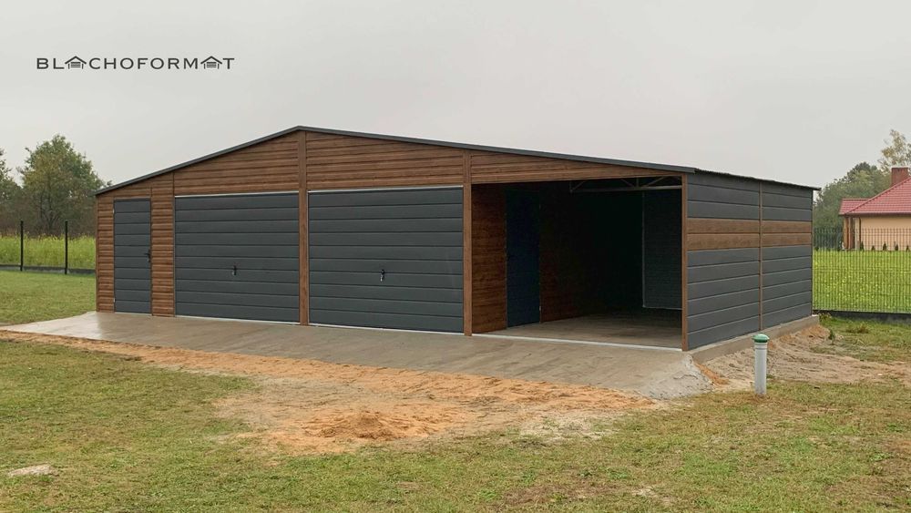 Garaż blaszany 6x5 z wiatą 3x5 i pomieszczeniem 2x5 Premium