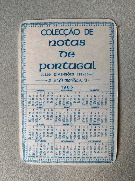 Calendários de 1985 - Notas e Moedas de Portugal (preço unitário)