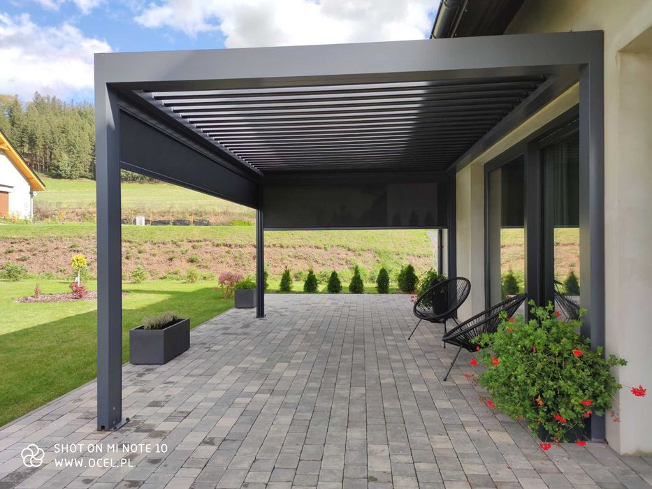 Pergola ogrodowa tarasowa. Sterowanie radiowe, automatyka pogodowa
