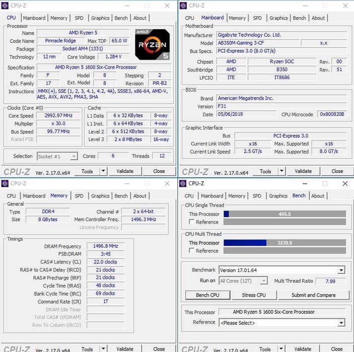 Комплект Материнська Плата Gigabyte GA-AB350M-Gaming 3 + Ryzen 5 1600 + 8 GB DDR4 + Кулер