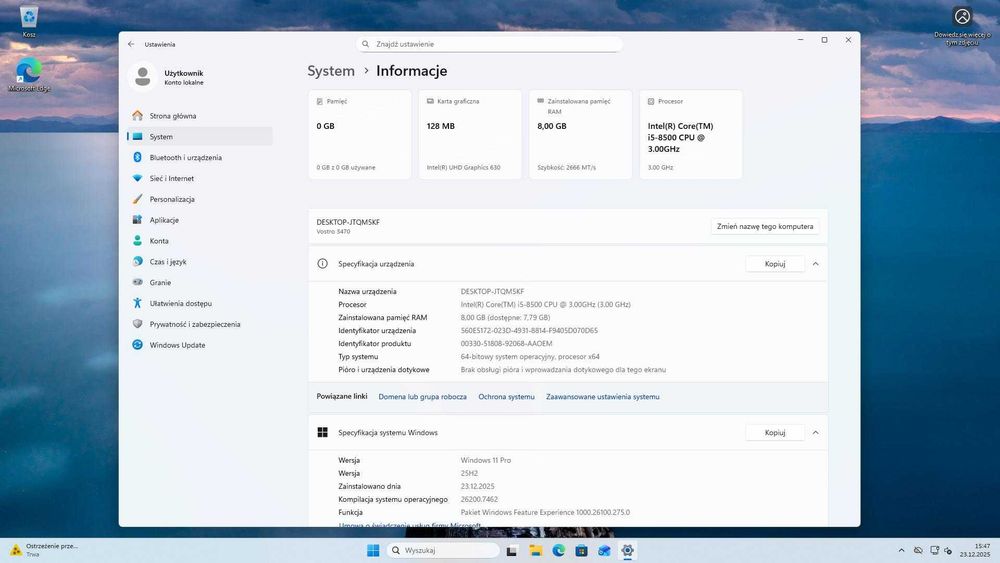 DELL Vostro - Win 11, i5-8500, 8GB RAM, HDD 1TB, zestaw