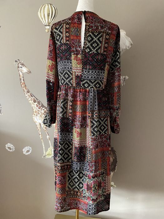 Kolorowa sukienka midi Zara boho etno patchwork, długi rękaw, S
