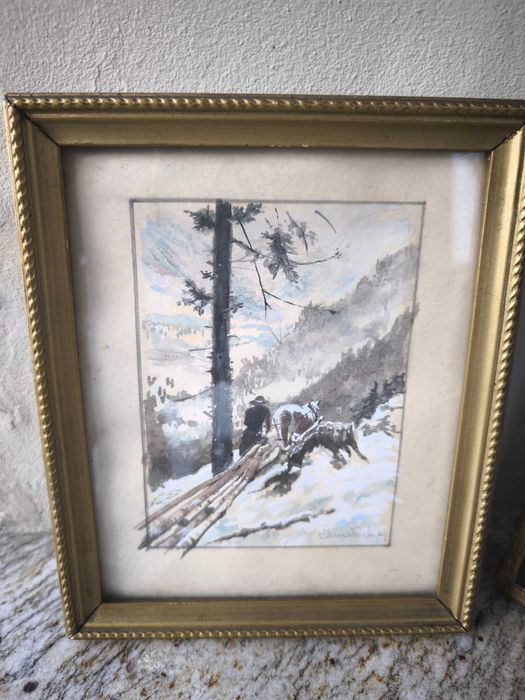 Zwózka drzewa -Motyw tatrzański -Akwarela