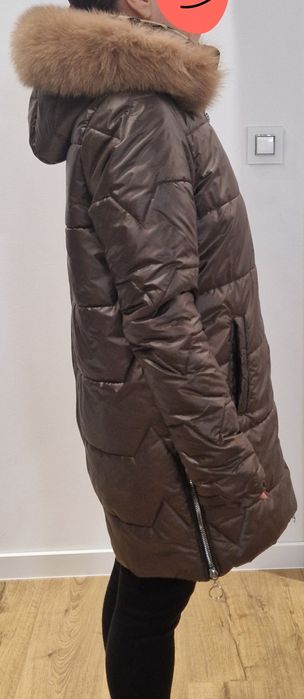 Czekoladowa brązowa polska kurtka zimowa z naturalnym lisem, r.40