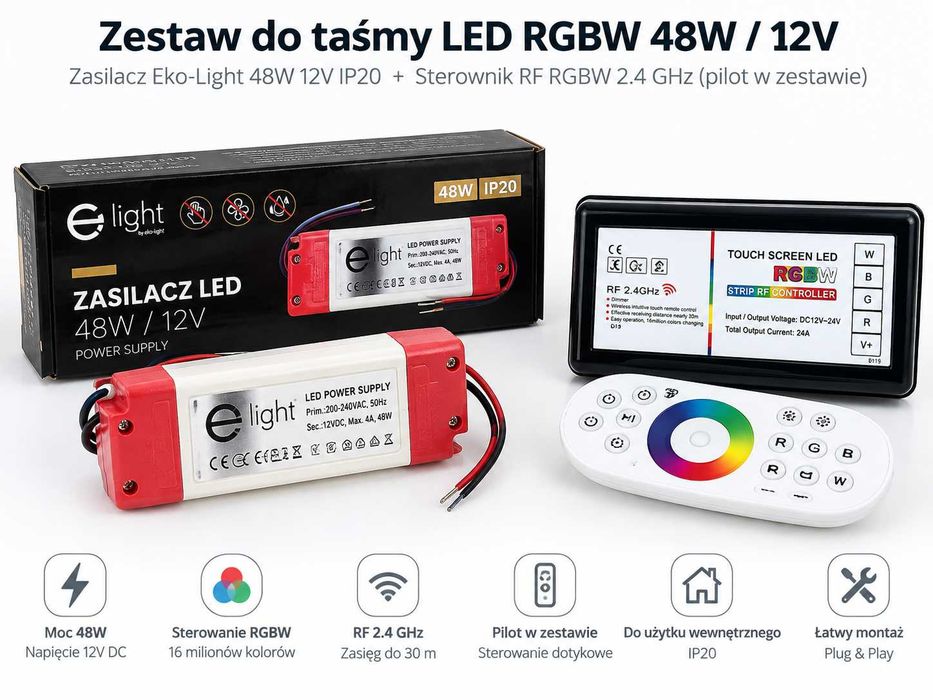 NOWE ! Sterownik LED RGBW 2.4 GHz + ZASILACZ 12V 48W + PILOT Eco-Ligh