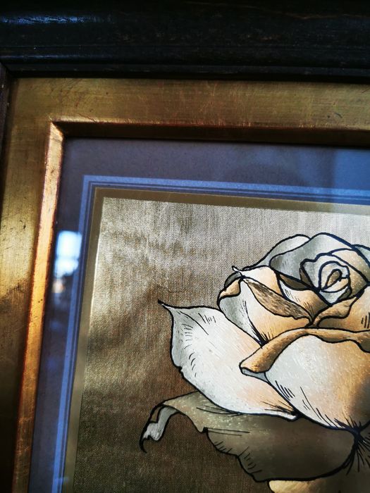 Obraz, obrazek, złota folia, róża, drewniana rama  UNIKAT