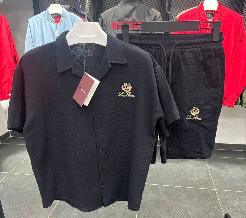 Костюм Чоловічий Мусліновий Літній чорний LORO PIANA Black! Сорочка + Шорти! Костюм Муслиновый мужской на Лето! Літній Комплект Бавовна 100%! ХІТ!