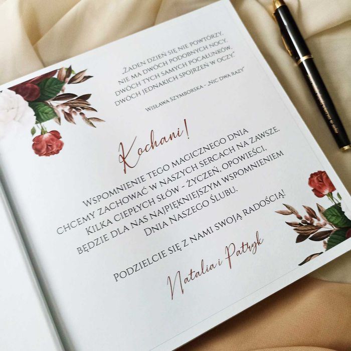 Piękna księga gości na wesele - bordowe kwiaty