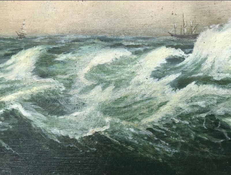 Pintura antiga óleo sobre tela paisagem marítima turbulenta com navios
