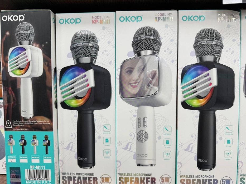 Bezprzewodowy mikrofon OKOP KP-M111 – głośnik 5W, RGB, karaoke, FM, TF