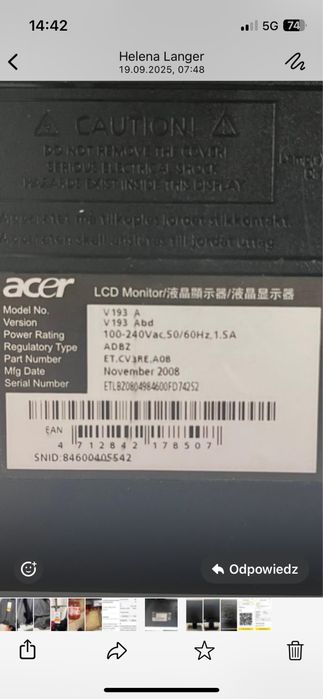 Monitor acer 20 cal