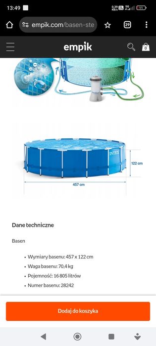 Duży basen INTEX stelażowy 457x107