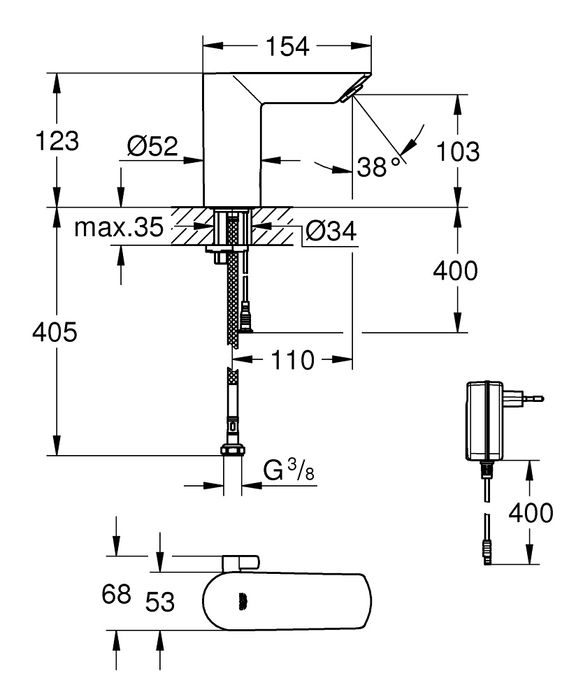 Змішувач інфрачервоний для раковини Grohe Bau Cosmopolitan E 36453000 електронний, хром