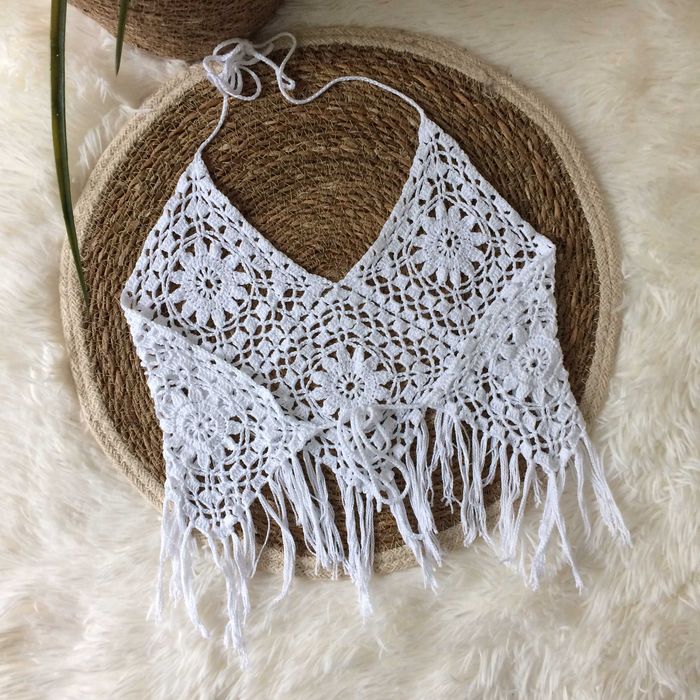 Crop top biały boho hippie szydełko frędzle ażurowy letni plażowy S 36