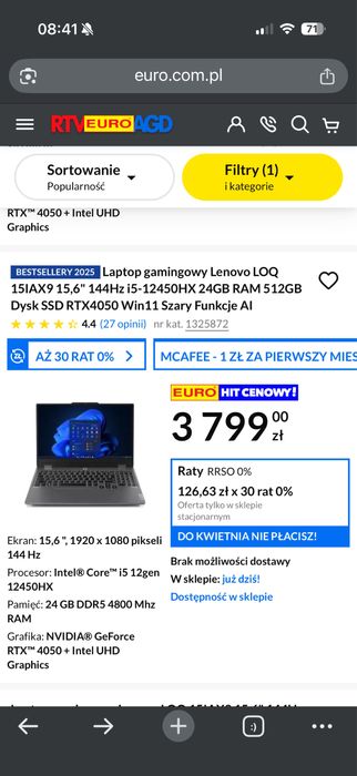 Gamingowy laptop Lenovo LOQ i5-12450HX 24GB 512SSD RTX4050  GWARANCJA