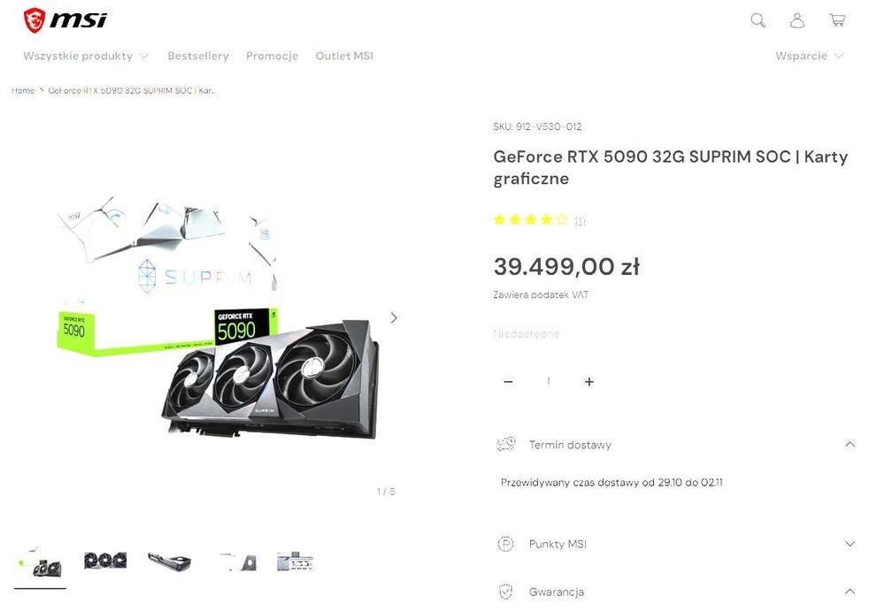 MSI GeForce RTX 5090 Suprim SOC 32GB GDDR7 DLSS5 Pudełko Gwarancja