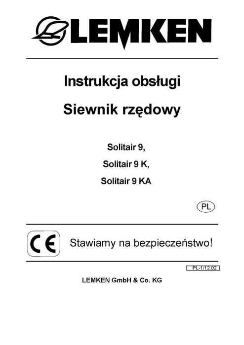 Lemken  Solitair 9 9K 9KA Instrukcja obsługi