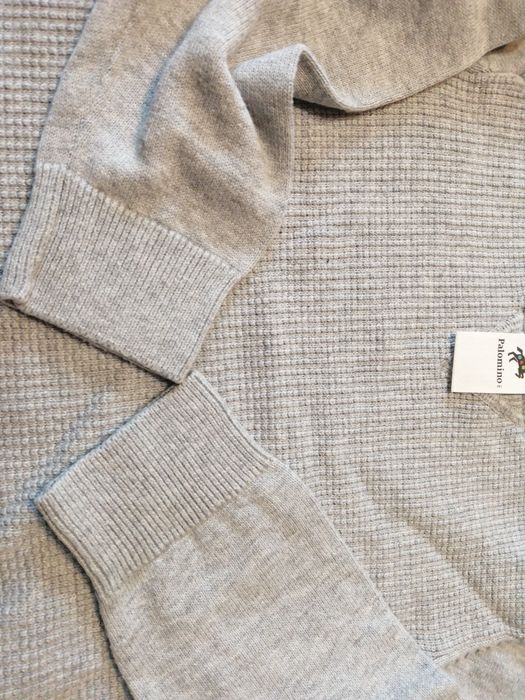 Zestaw, komplet, spodnie jeansowe, sweter szary elegancki r. 98