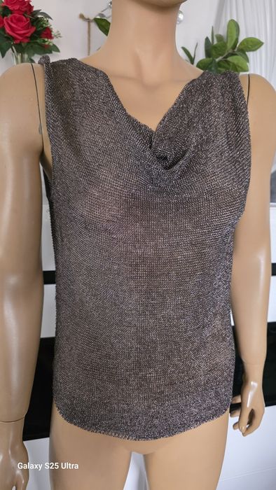 Metaliczny top Zara M dzianina siateczka lejący błyszczący brąz/khaki