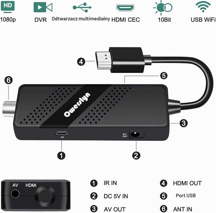Dekoder Tuner DVB-T2 HEVC H.265 Full HD Owerslyn M3-Stick