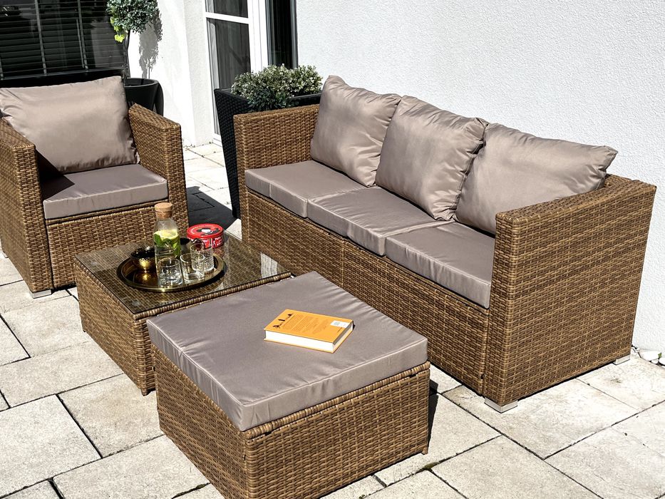 (GD) BORNEO zestaw technorattan beżowoszary sofa fotel pufa