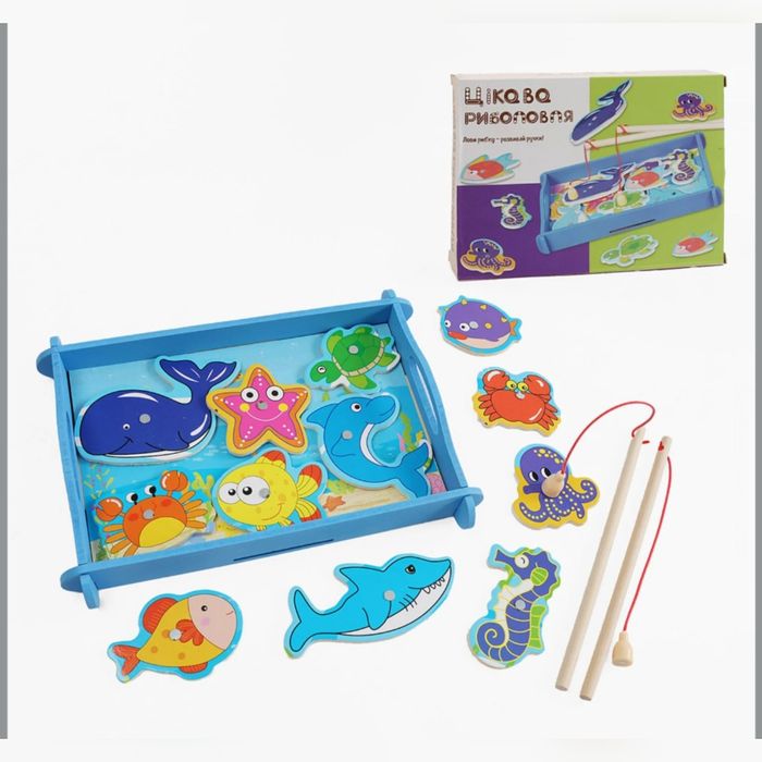 Велика дерев'яна магнітна рибалка риболовля 2 вудочки рибки 12 штук