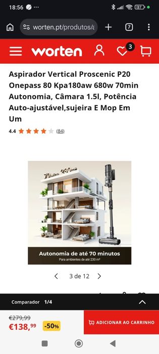 Aspirador vertical Proscenic P20 OnePass 80 como novo