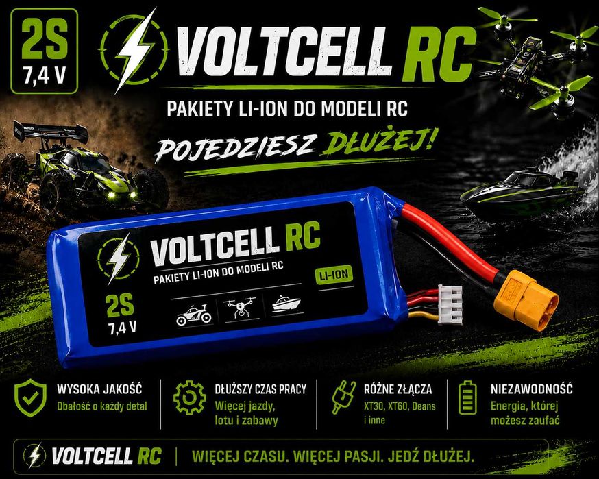 Pakiet Li-Ion 18650 Bateria RC 2S1P 7,4V 3000mAh XT30 XT60 Deans |VOLTCELL Akumulator  FPV RC Gogle Dron