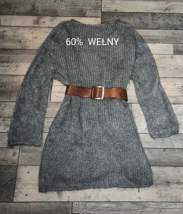 Handmade wełniany długi sweter. Szary. Nowy!