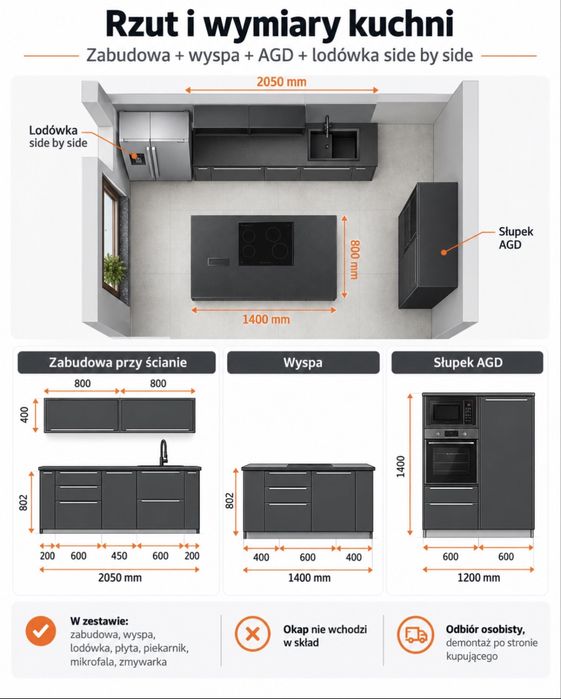 Kuchnia IKEA z wyspą + AGD + lodówka Side by Side – komplet