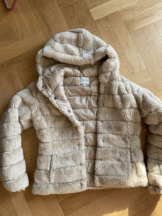 Dwustronna kurtka zimowa  krótka z kapturem beżowa Guess S