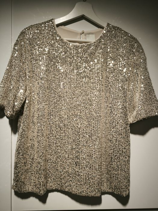 Elegancka bluzka ze złotymi cekinami, rozmiar 38, HM