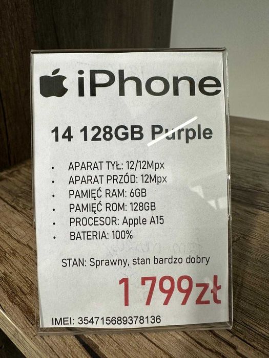 Smartfon Telefon Apple iPhone 14 128GB Purple bateria: 100% stan bdb gwarancja