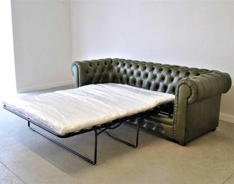 Sofa pikowana skórzana z funkcją spania 3 osobowa plisowane boki