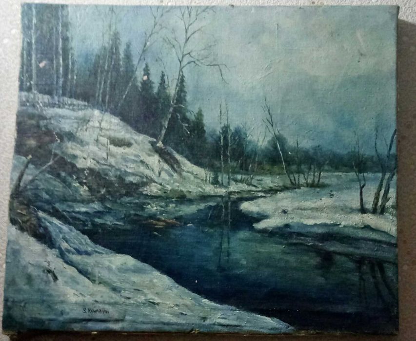 Старая картина,масло,зимний пейзаж