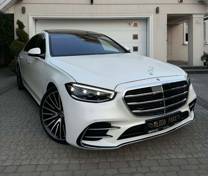 Biały Mercedes klasy S w223 v8 long do ślubu wesela, opcja prowadzenia