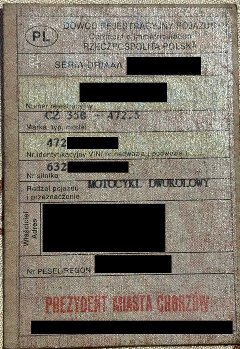 Rama CZ Jawa Cezeta Cezet 350 *Dokumenty*  Kolekcjonerska 472.5 472.6 6V 12V
