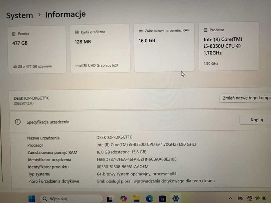 Laptop Lenovo t480 14’ i5-8350U 16RAM 512SSD W11 2xbaterie! POLECAM!