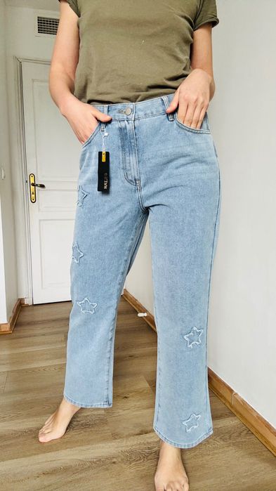 Джинсы кюлоты средняя посадка, голубые,с нашивками/принтом, р.40 (L)
