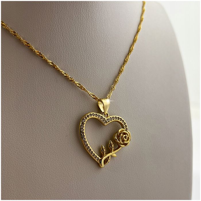 Złoty Damski Naszyjnik Serce 925/585 Łańcuszek Zawieszka + Róża Wieczn