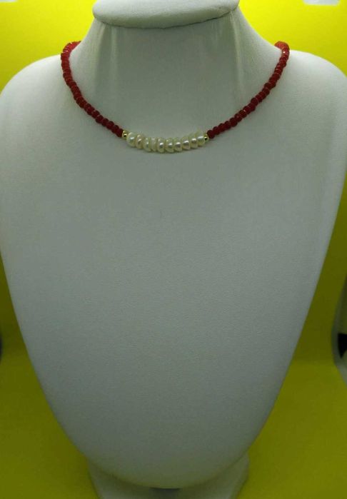 Colar Contas Vidro Facetadas Bordeaux e Perolas NOVO