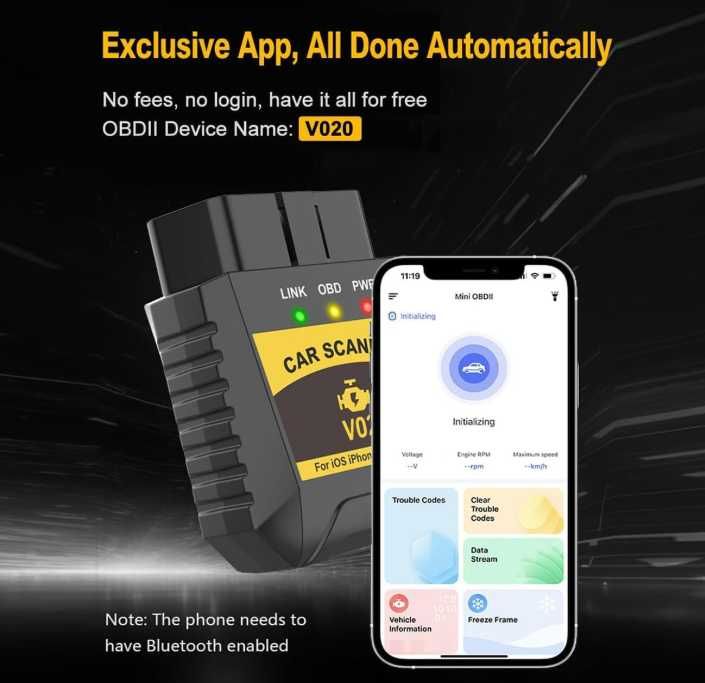 Автосканер V020 OBD2 Bluetooth діагностика авто сканер ошибок ELM327 OBDII Android iOS чек engine адаптер автодиагностика диагностический андроид эпл