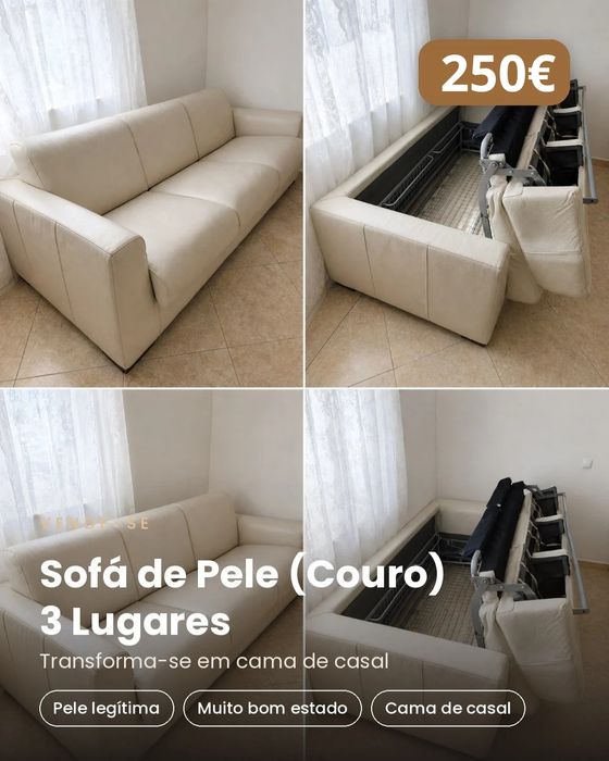 Sofá de pele (couro) 3 lugares — vira cama de casal