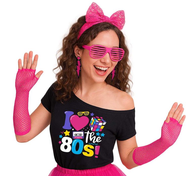 Koszulka przebranie lata 80 czarna bluzka disco z nadrukiem retro