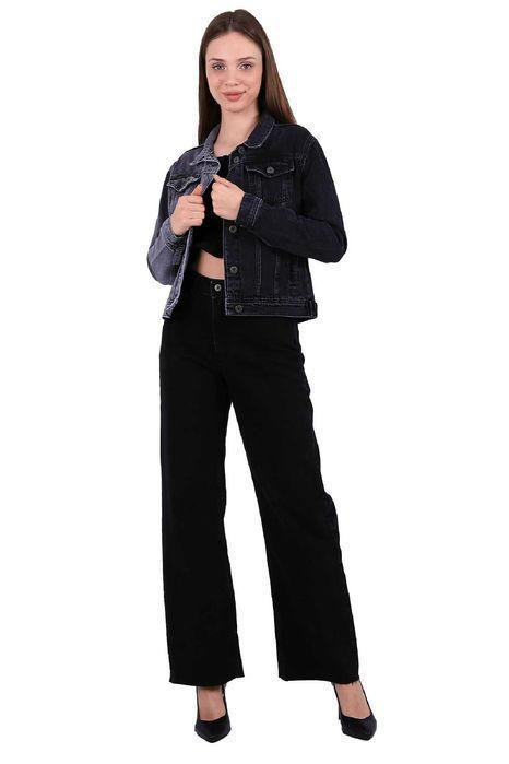 Dwukolorowa krótka kurtka jeansowa - szaro-czarny S