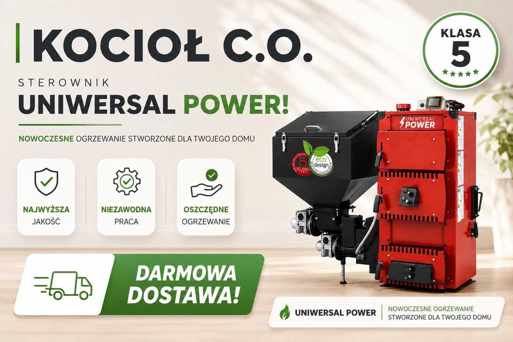 Kocioł na pellet, drewno i groszek 12 kW UNIWERSAL POWER – wydajny piec CO do ekonomicznego ogrzewania domu.
