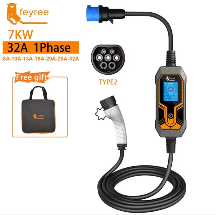 Зарядне до електромобіля 7 kw 32A Type 1 type 2 зарядка трохфазна 11kw