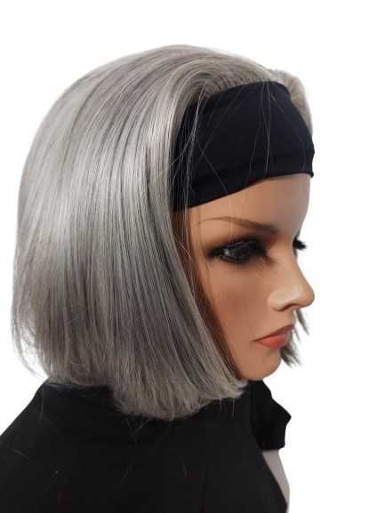 Peruka bob bez grzywki na opasce siwe włosy-Nessaja luxe wigs shop