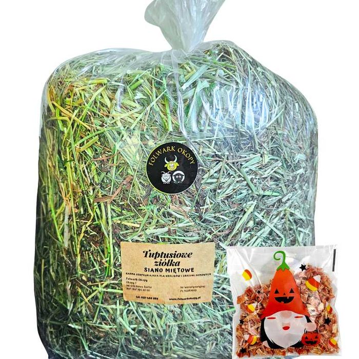 Siano Miętowe 4 kg dla Królika i Gryzonia - Siano Łąkowe z pierwszego pokosu + ziele mięty + Smaczek Halloweenowy Gratis